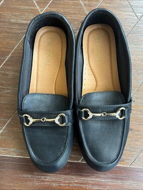 Black Faux-Leather Loafers with Gold Bit Hardware - Casual Women’s Slip-Ons